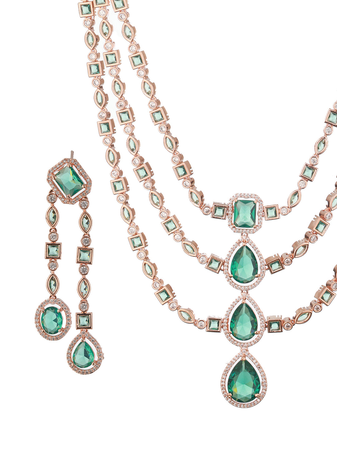 Jazz And Sizzle Rosegold-Plated Mint Green American Diamond Studded Handcrafted Jewellery Set