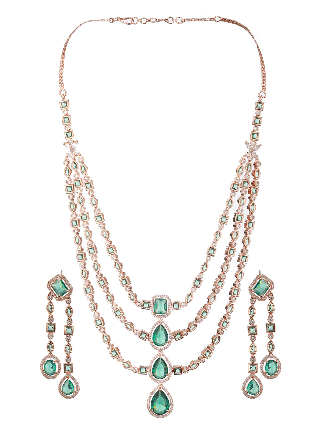 Jazz And Sizzle Rosegold-Plated Mint Green American Diamond Studded Handcrafted Jewellery Set