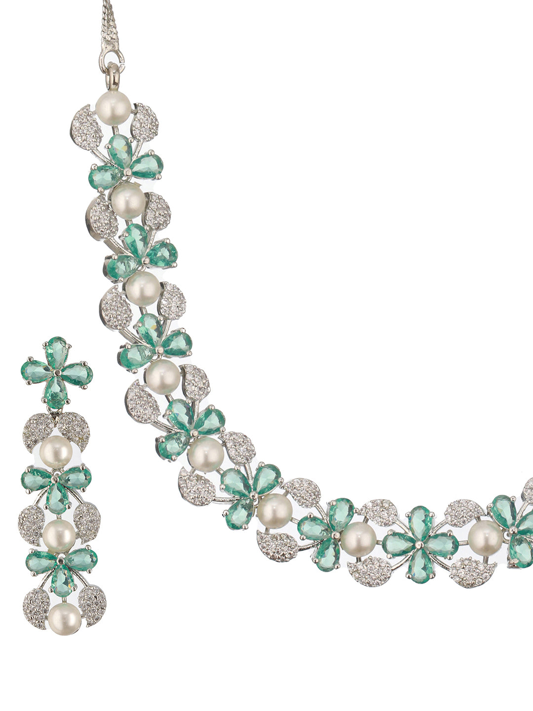 Jazz And Sizzle  Rhodium -Plated Mint Green American Diamond Studded Handcrafted Jewellery Set