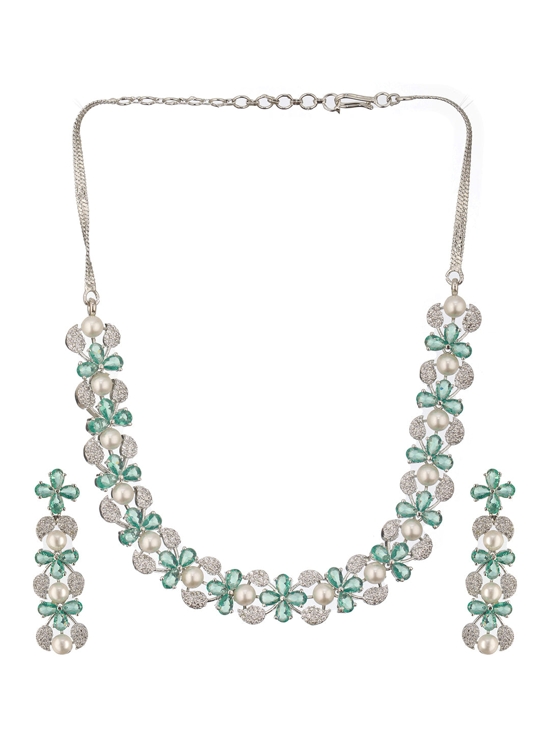 Jazz And Sizzle  Rhodium -Plated Mint Green American Diamond Studded Handcrafted Jewellery Set