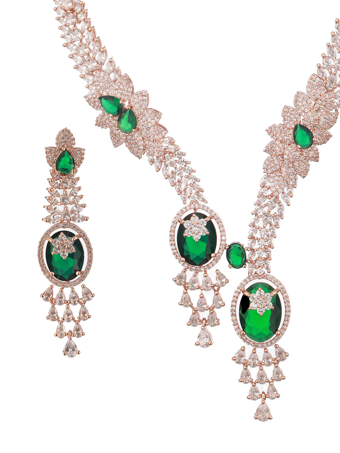 Jazz And Sizzle Rosegold-Plated Emarald Green American Diamond Studded Handcrafted Jewellery Set (Copy)