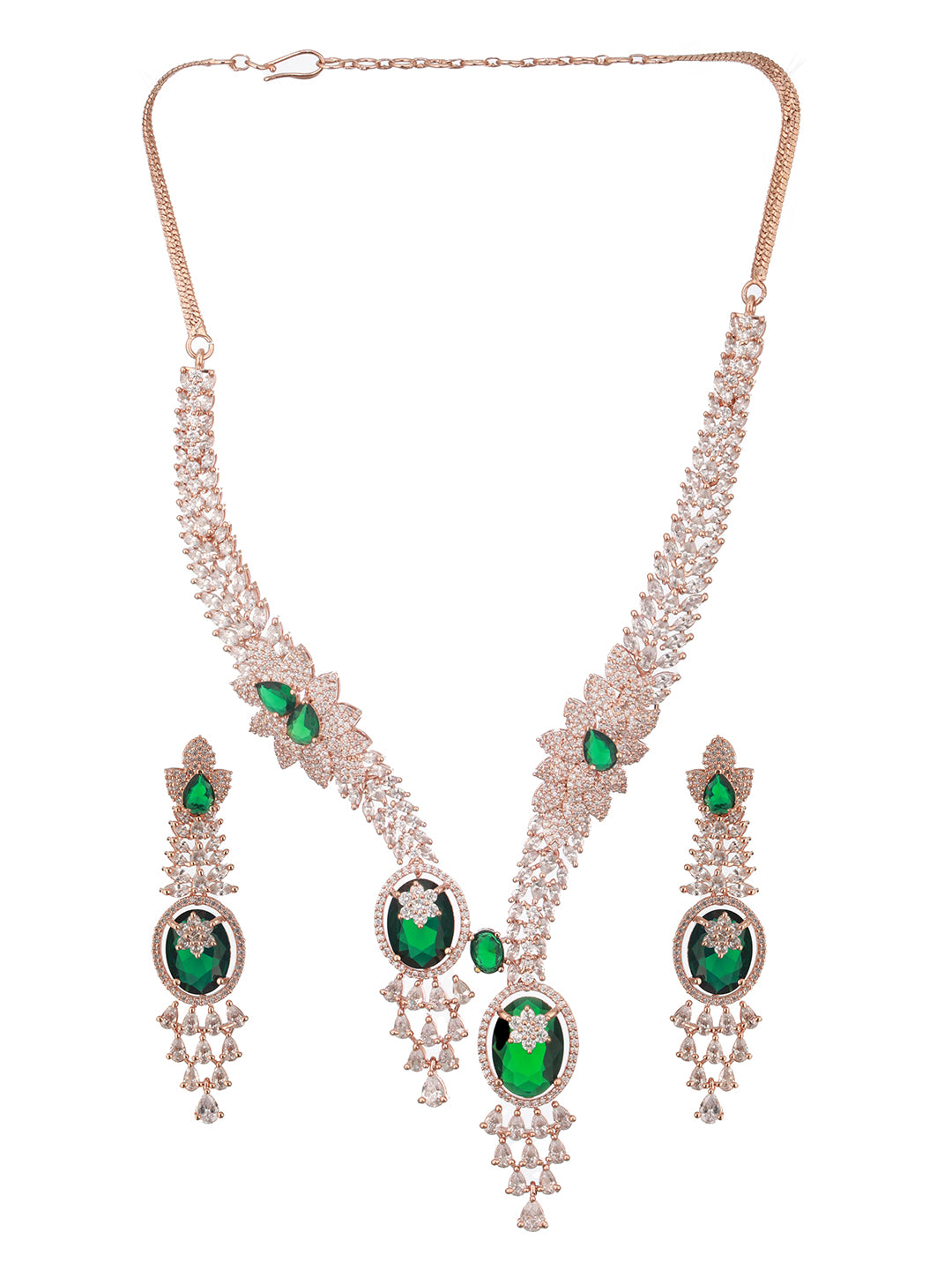 Jazz And Sizzle Rosegold-Plated Emarald Green American Diamond Studded Handcrafted Jewellery Set