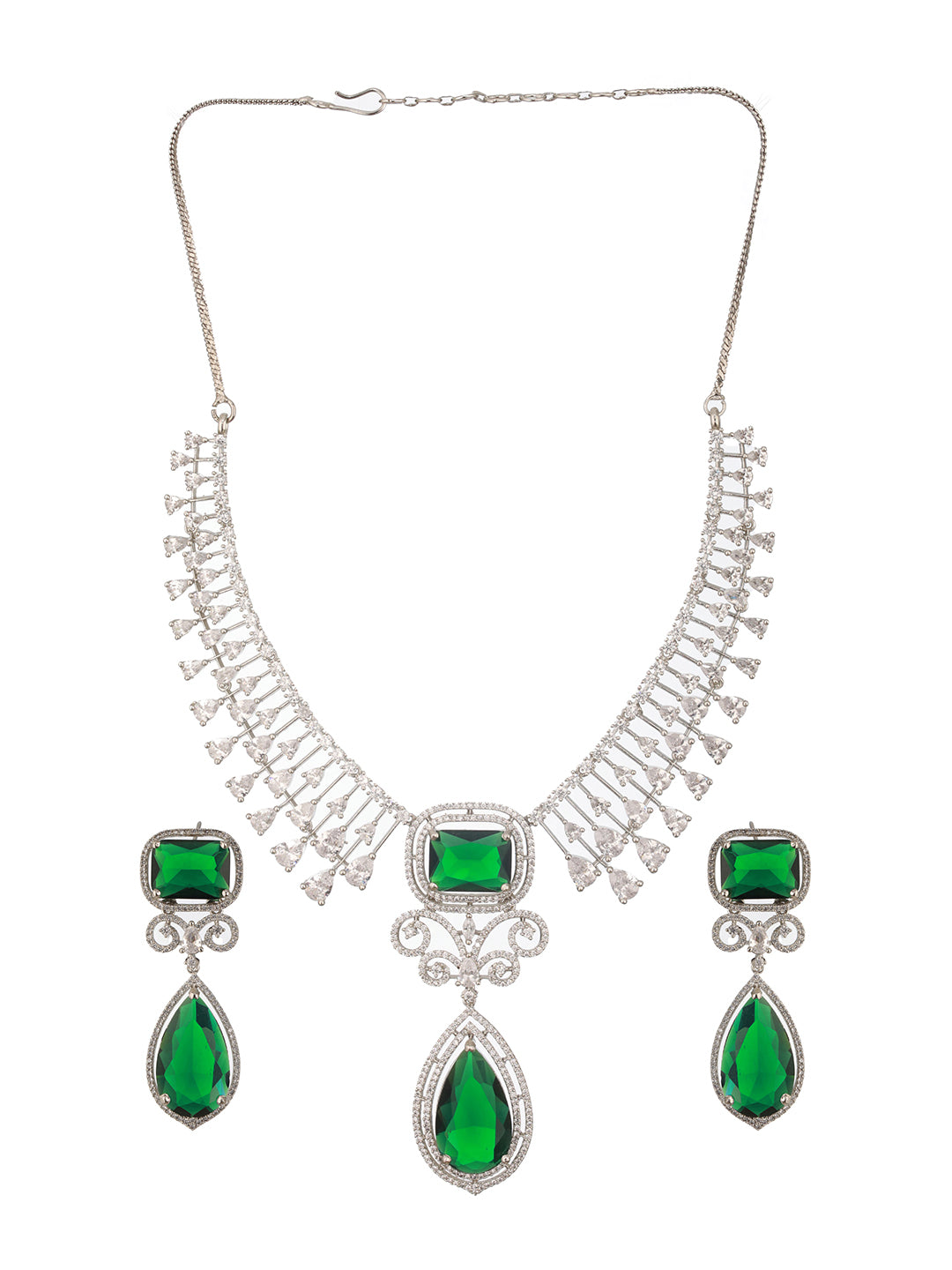 Jazz And Sizzle Rhodium-Plated Green American Diamonds-Studded Handcrafted Jewellery Set