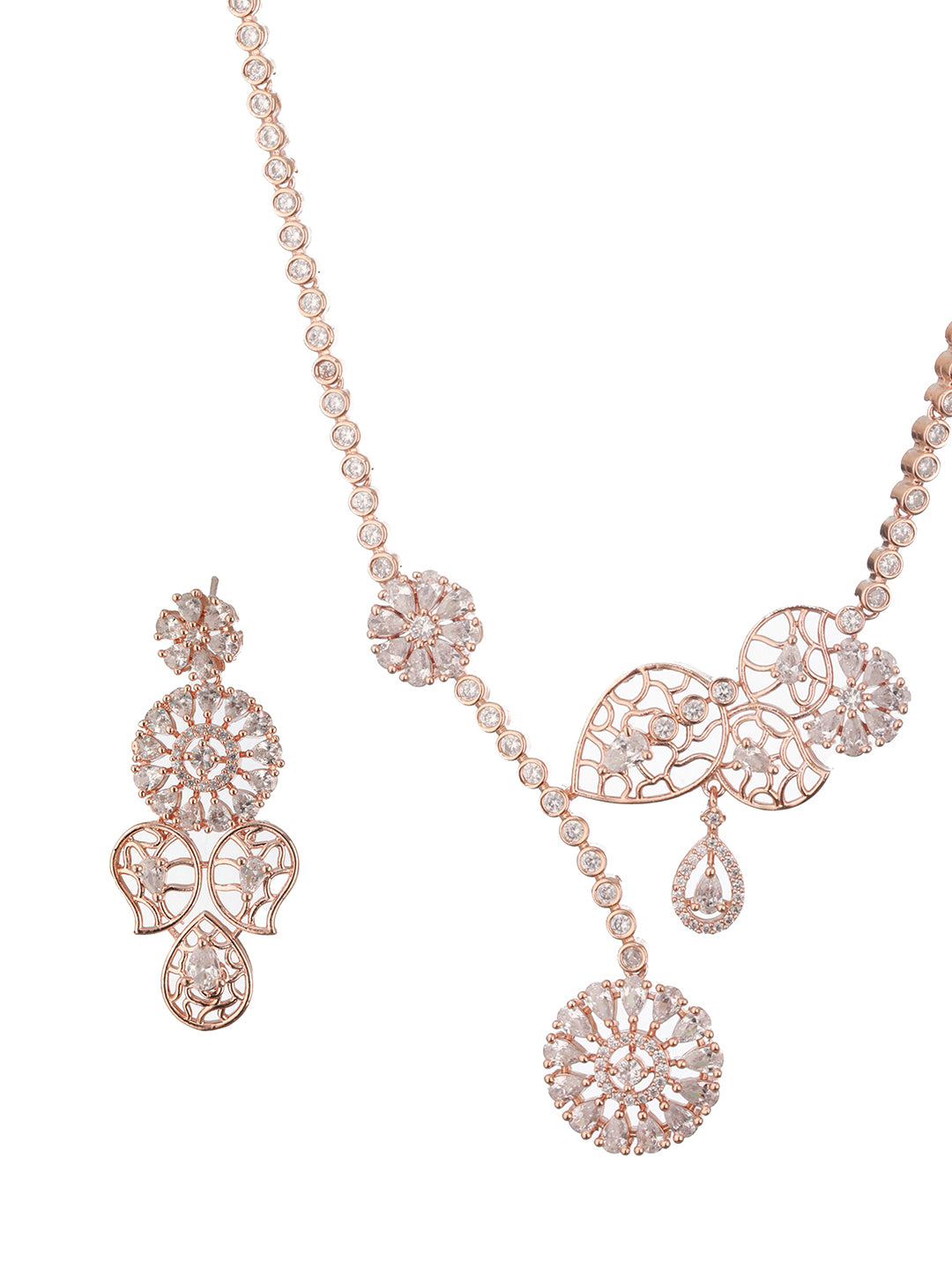 Jazz And Sizzle Rosegold-Plated American Diamond Studded Floral Contemporary Jewellery Set