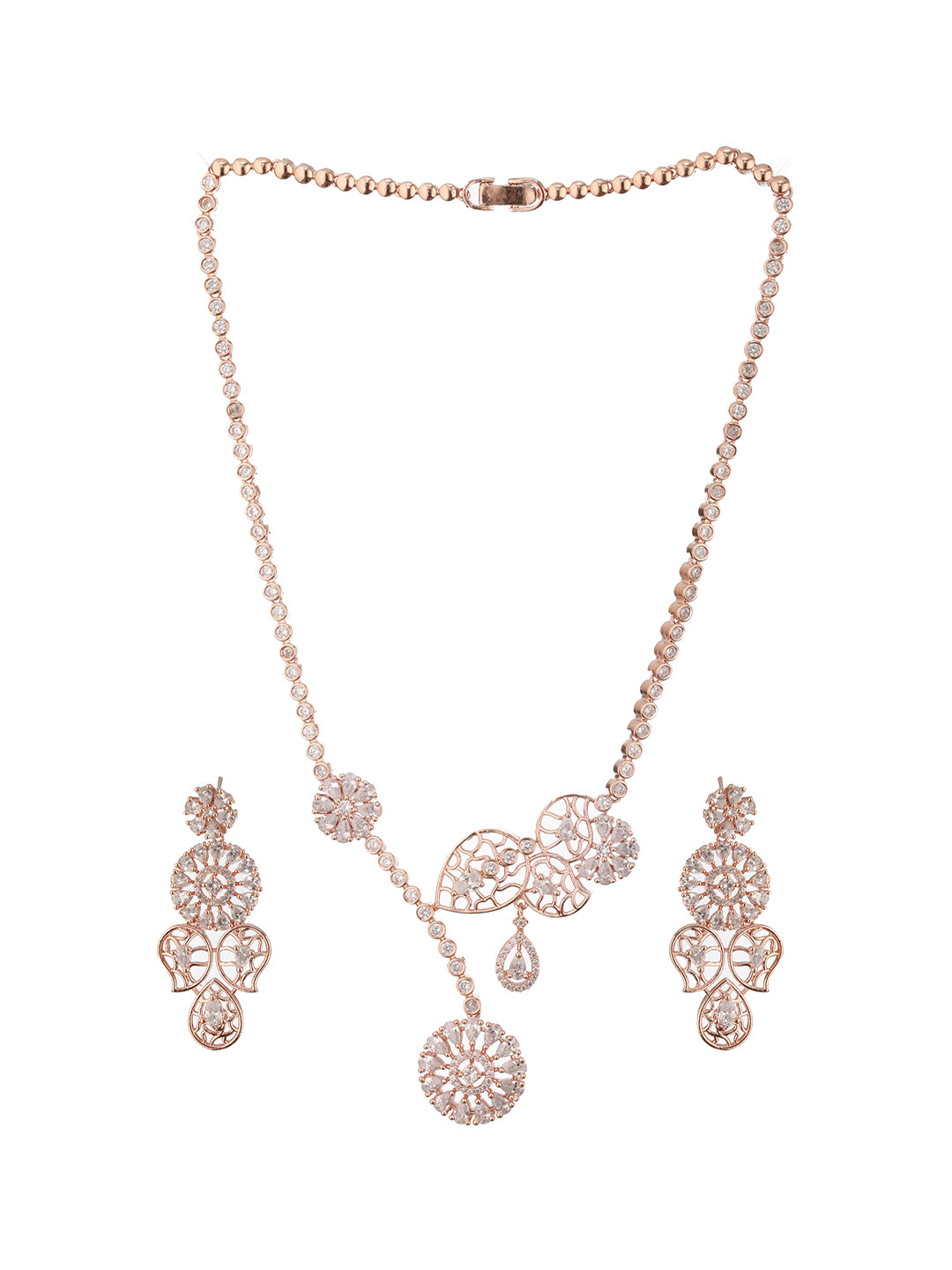 Jazz And Sizzle Rosegold-Plated American Diamond Studded Floral Contemporary Jewellery Set