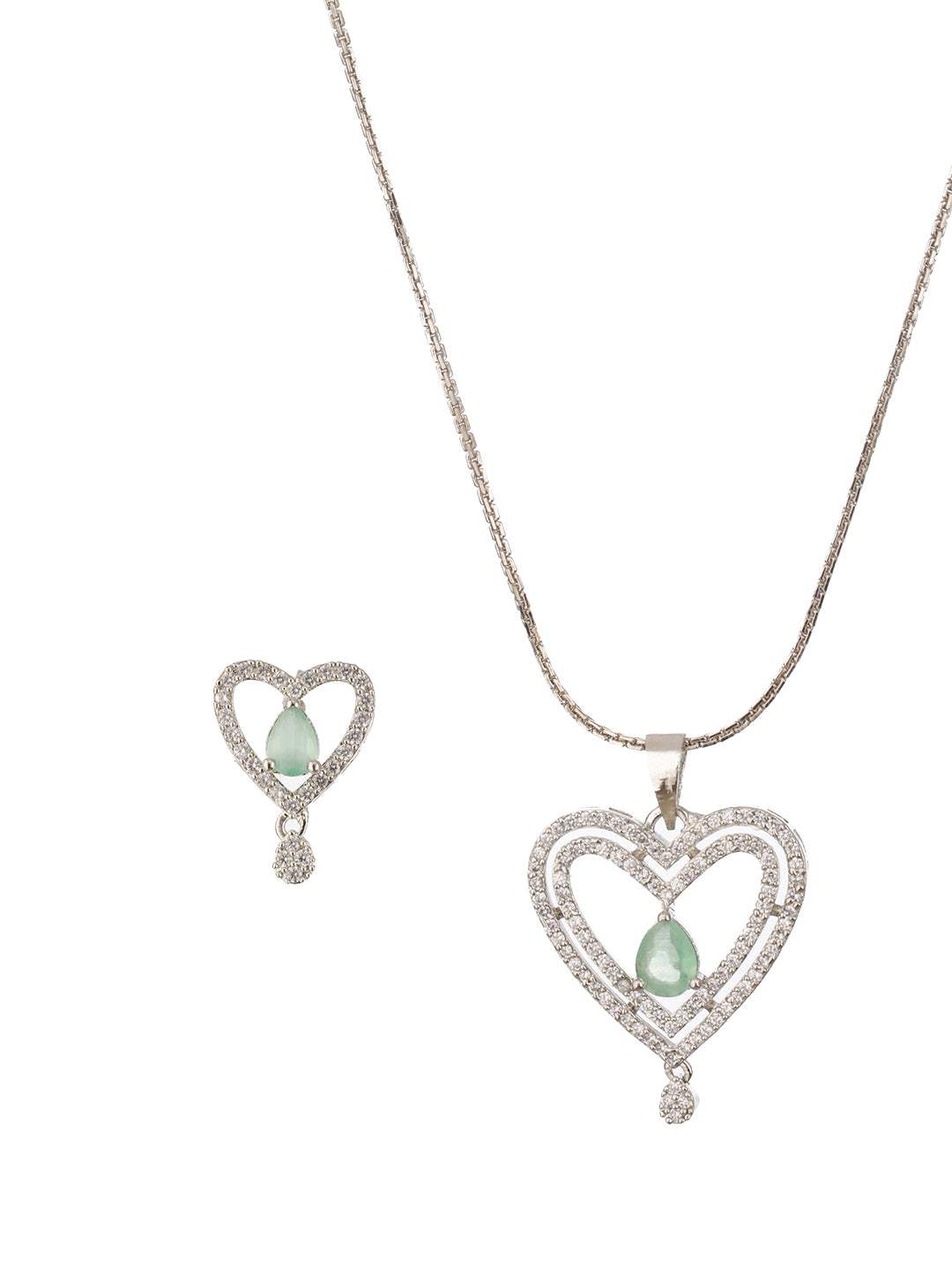 Jazz and Sizzle Silver-Tone Heart Shaped American Diamond Pendant Necklace Set with Green Stone