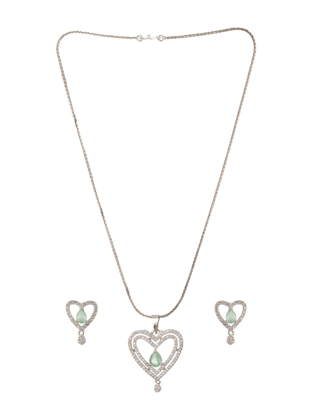 Jazz and Sizzle Silver-Tone Heart Shaped American Diamond Pendant Necklace Set with Green Stone