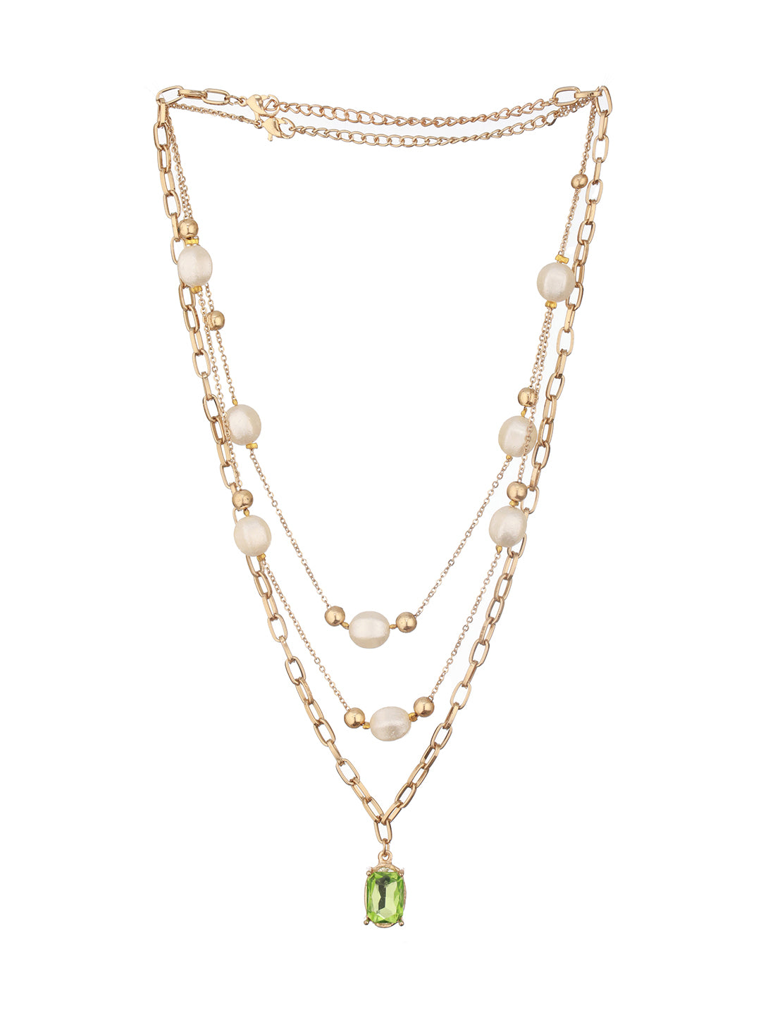 Gold-Plated Layered Pearl Chain Necklace with Green Stone Pendant
