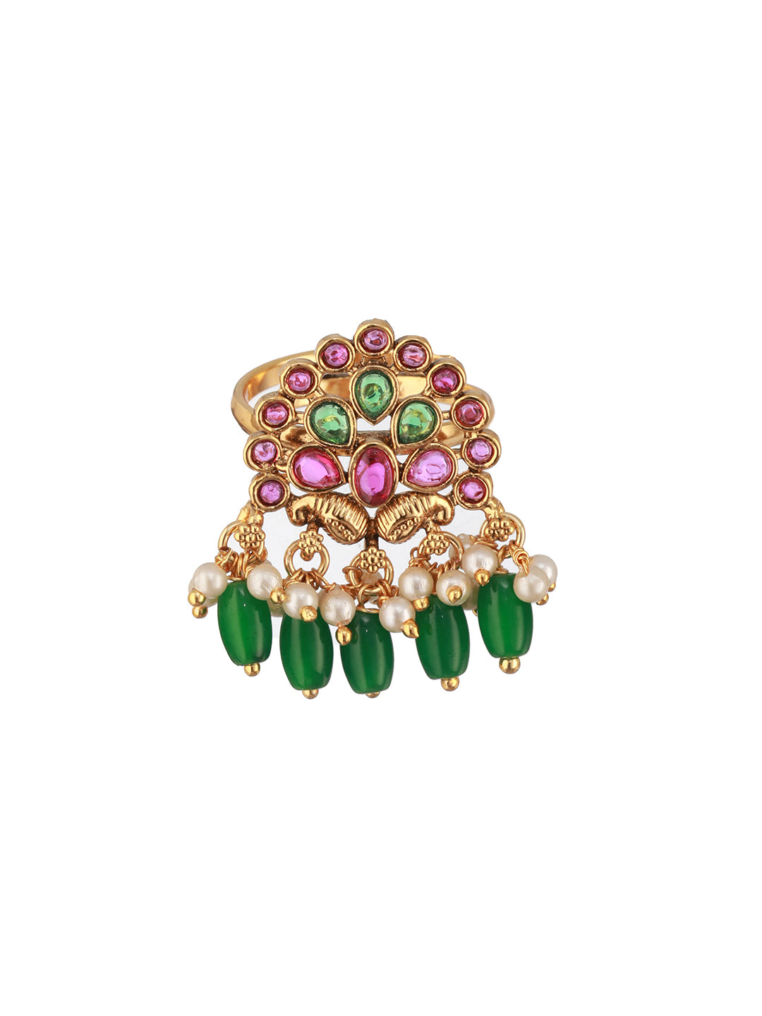 Gold Plated Artificial Stone Studded & Beaded Finger Ring