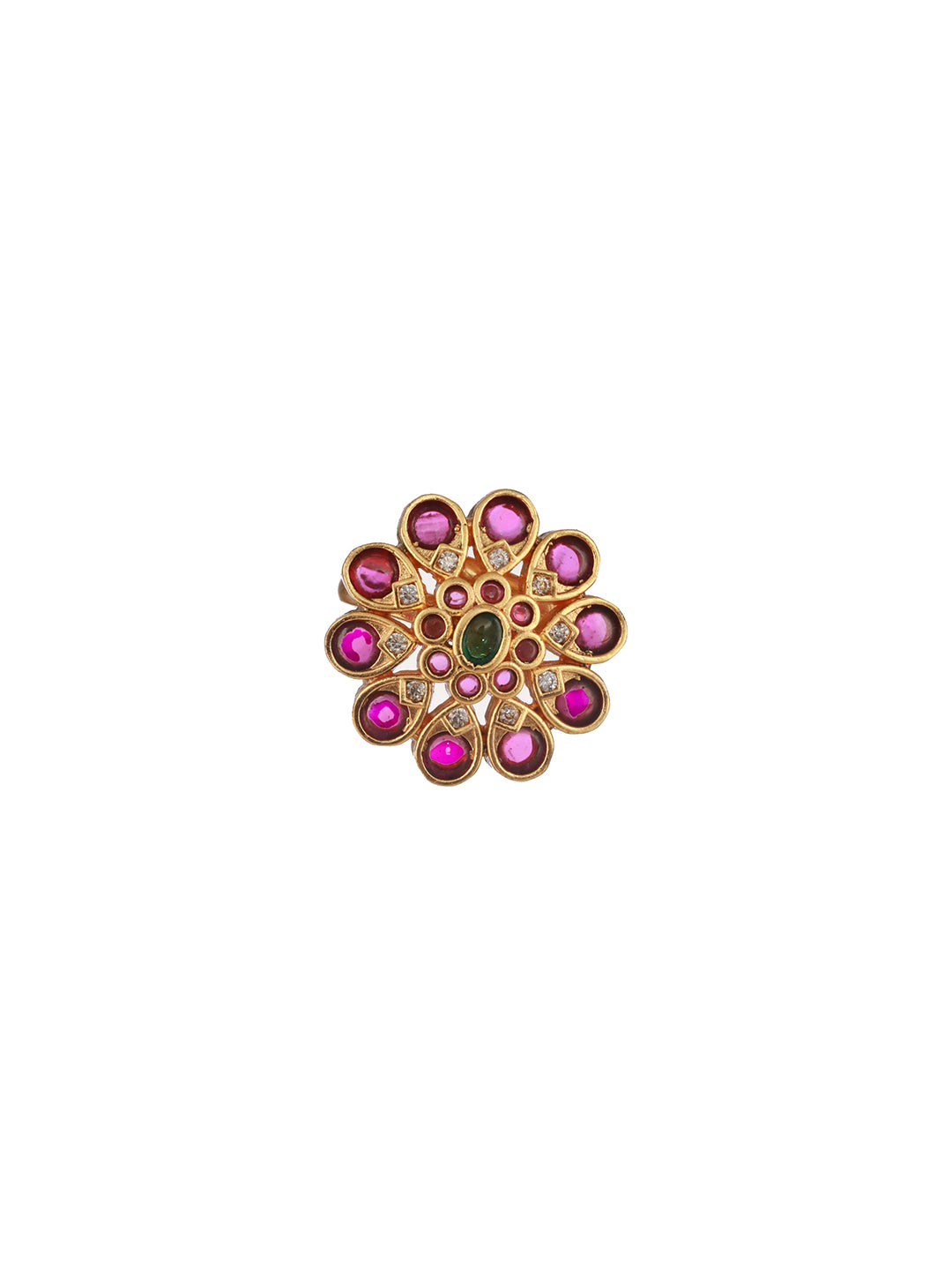 Gold-Plated Floral Stone Studded Adjustable Finger Ring