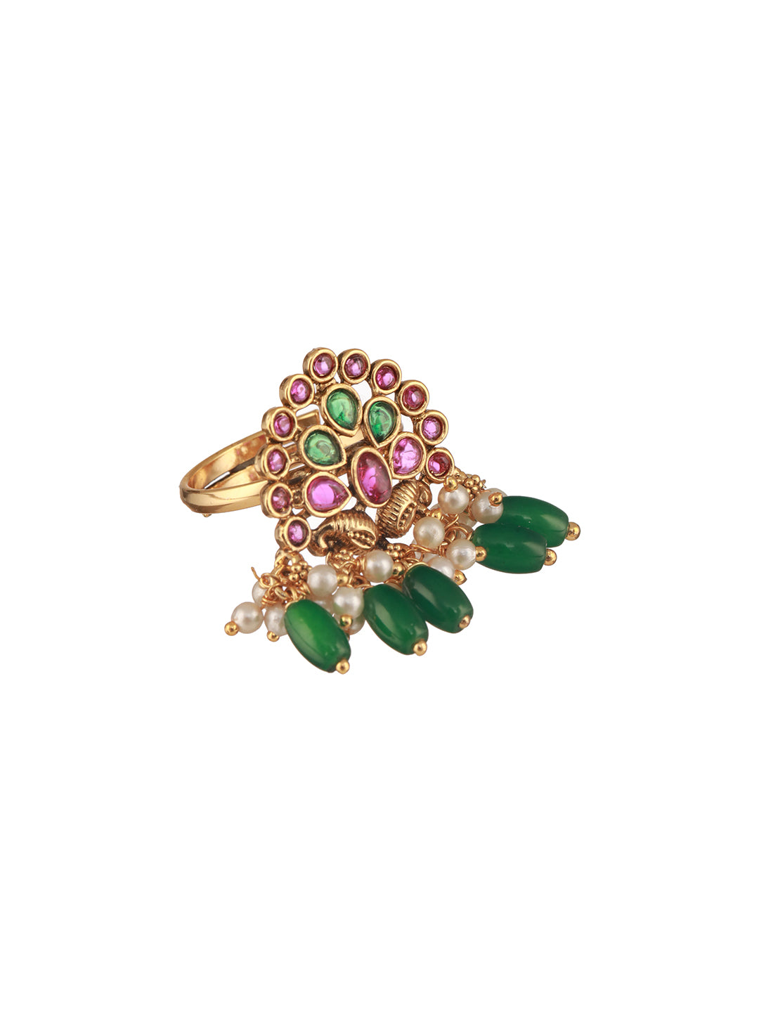 Gold Plated Artificial Stone Studded & Beaded Finger Ring