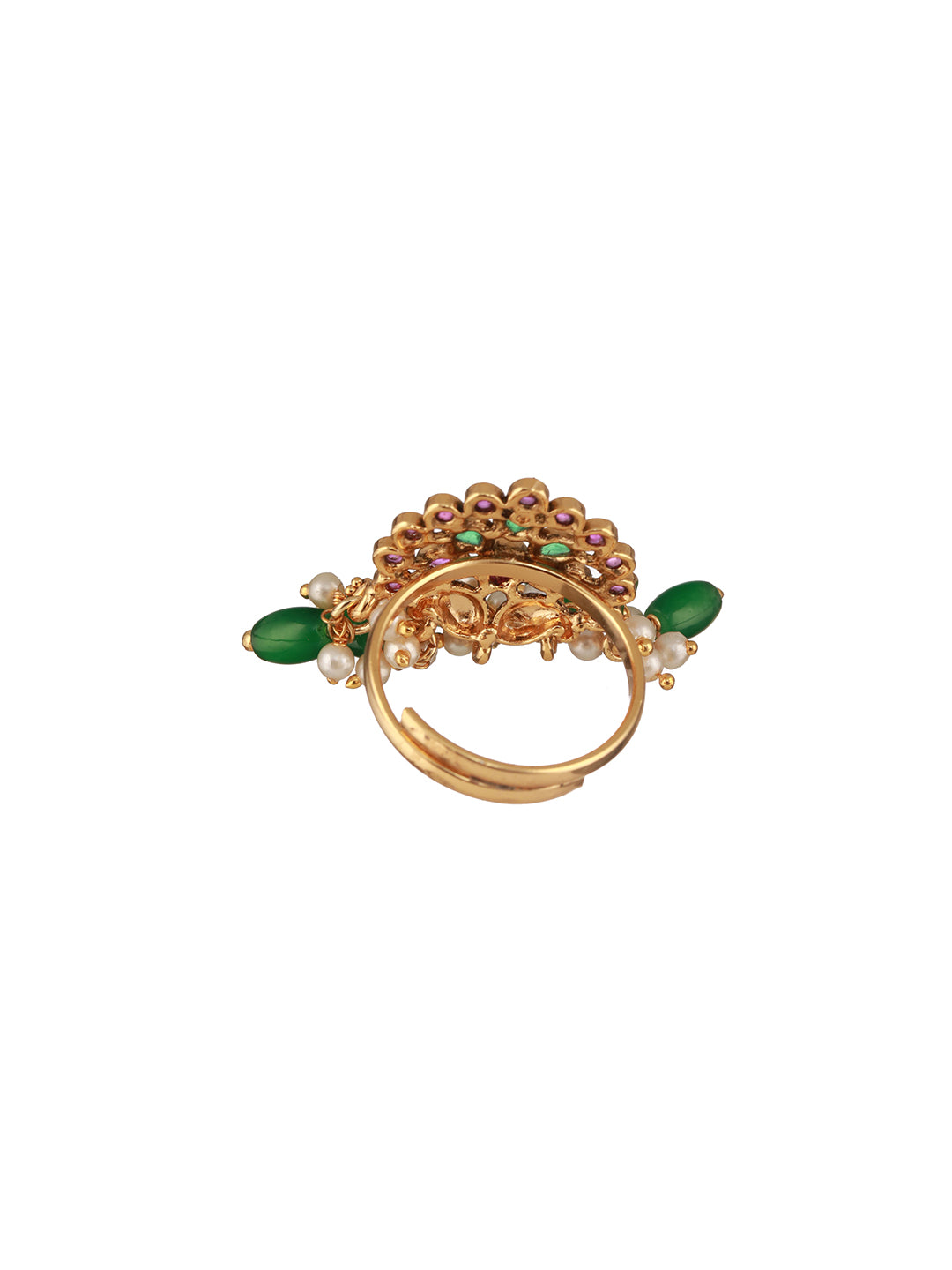 Gold Plated Artificial Stone Studded & Beaded Finger Ring