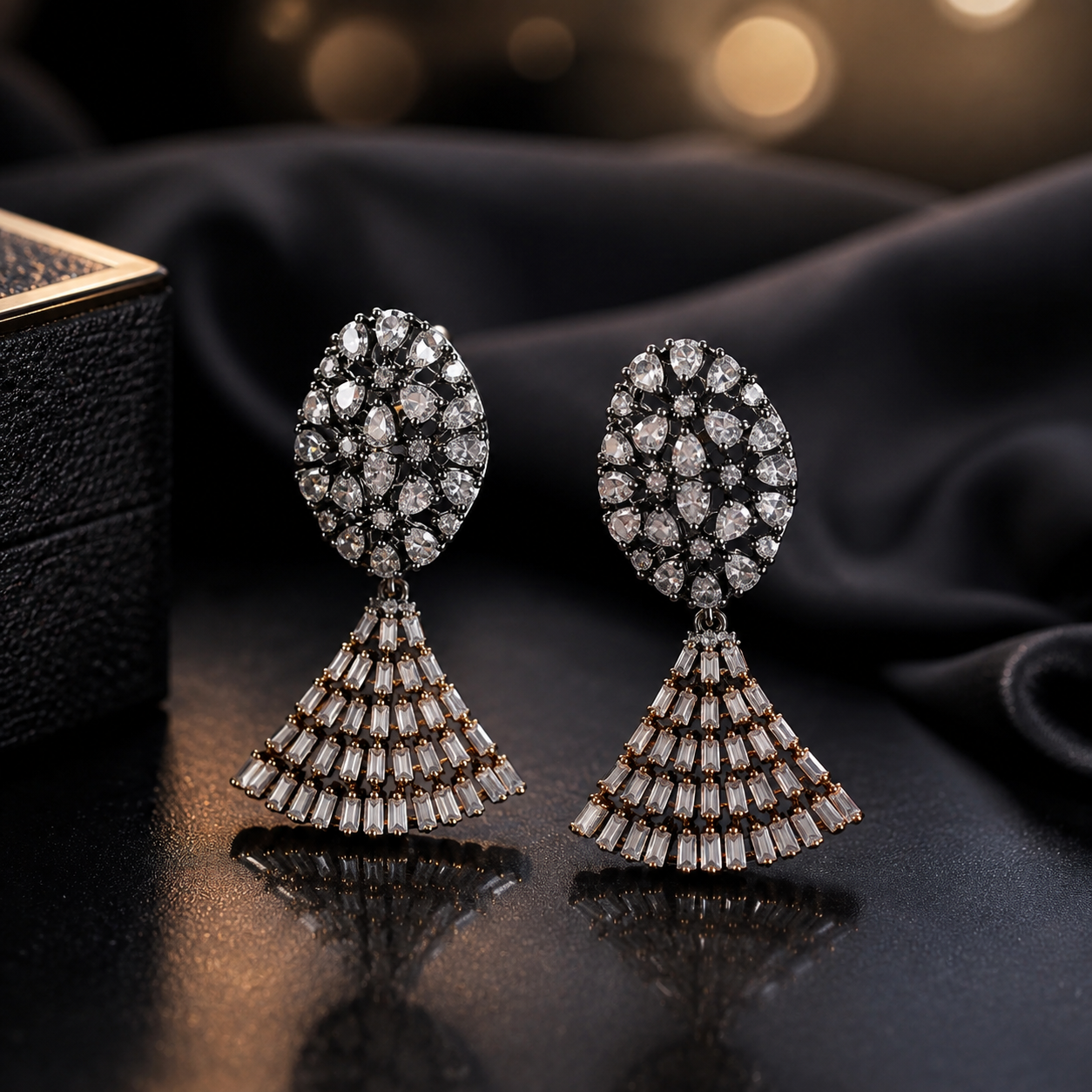 Rhodium-Plated White & Gold-Toned Contemporary Drop Earrings-EAR-JS22-30123