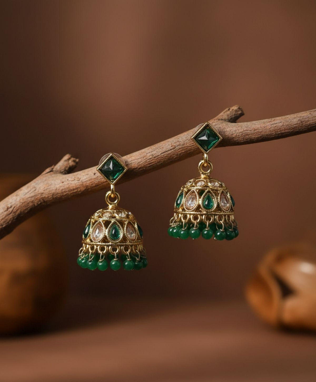 Jazz And Sizzle Gold Plated Green Kundan & Stone Studded Jhumka Earrings