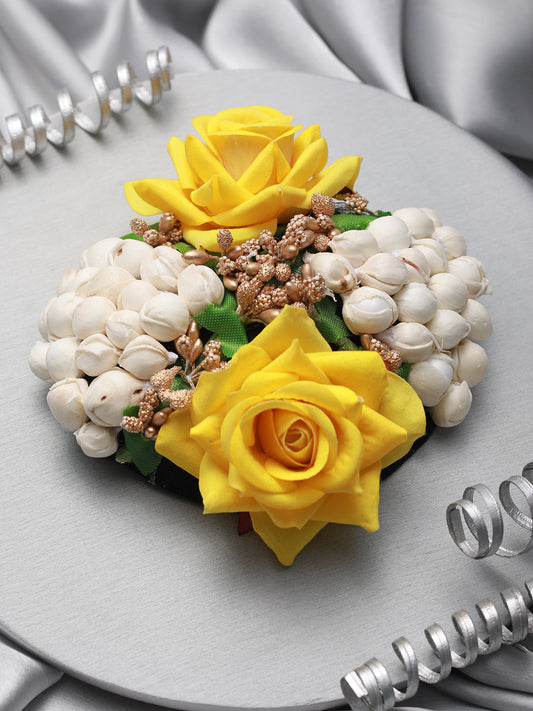 Women Yellow Rose & White Mogra Embellished Artificial Flower Gajra Designed Hair Bun Cover - Jazzandsizzle