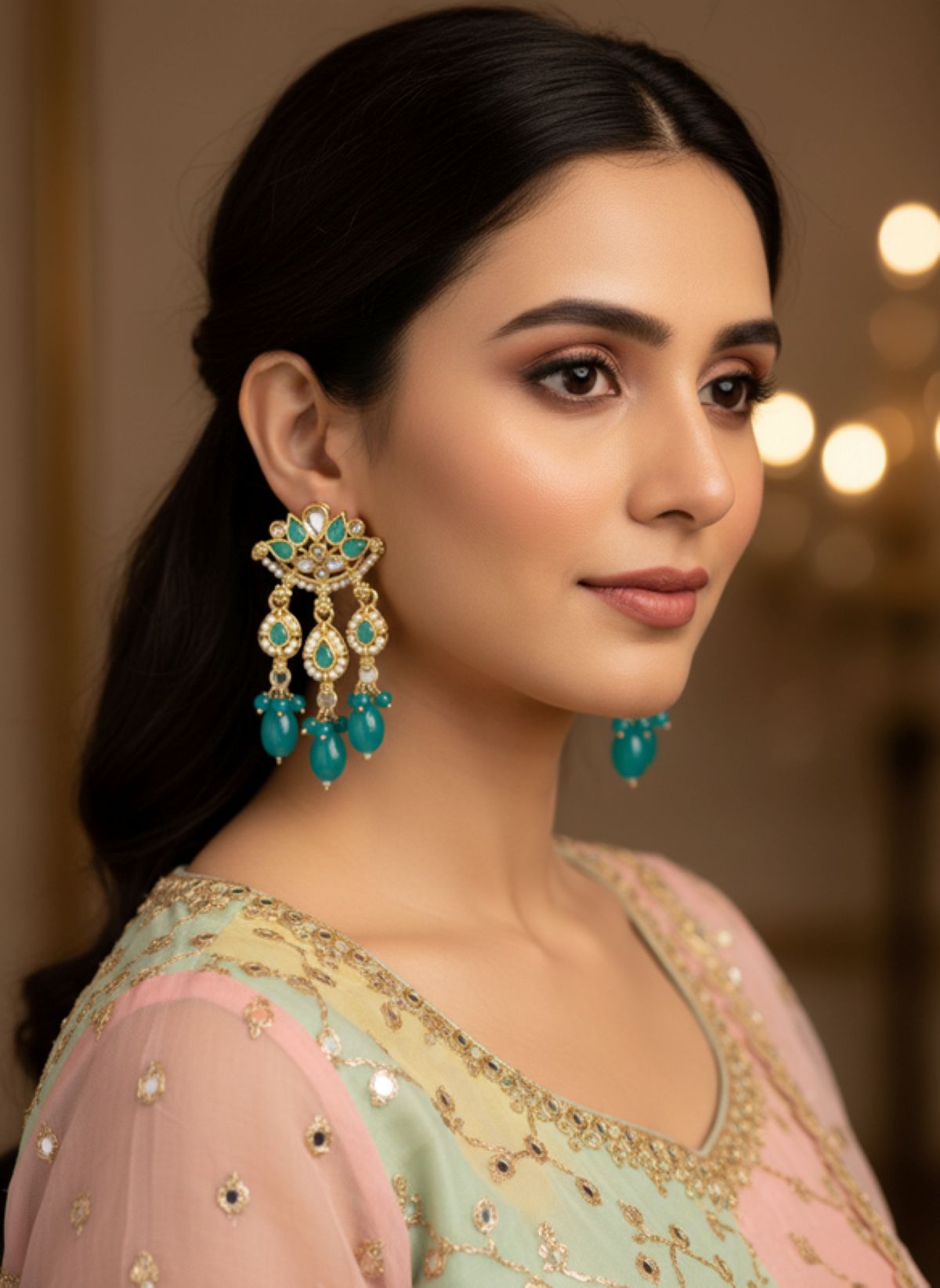 Jazz And Sizzle Gold Plated Turquoise Blue Kundan Stone Studded & Beaded Lotus Shaped Drop Earrings