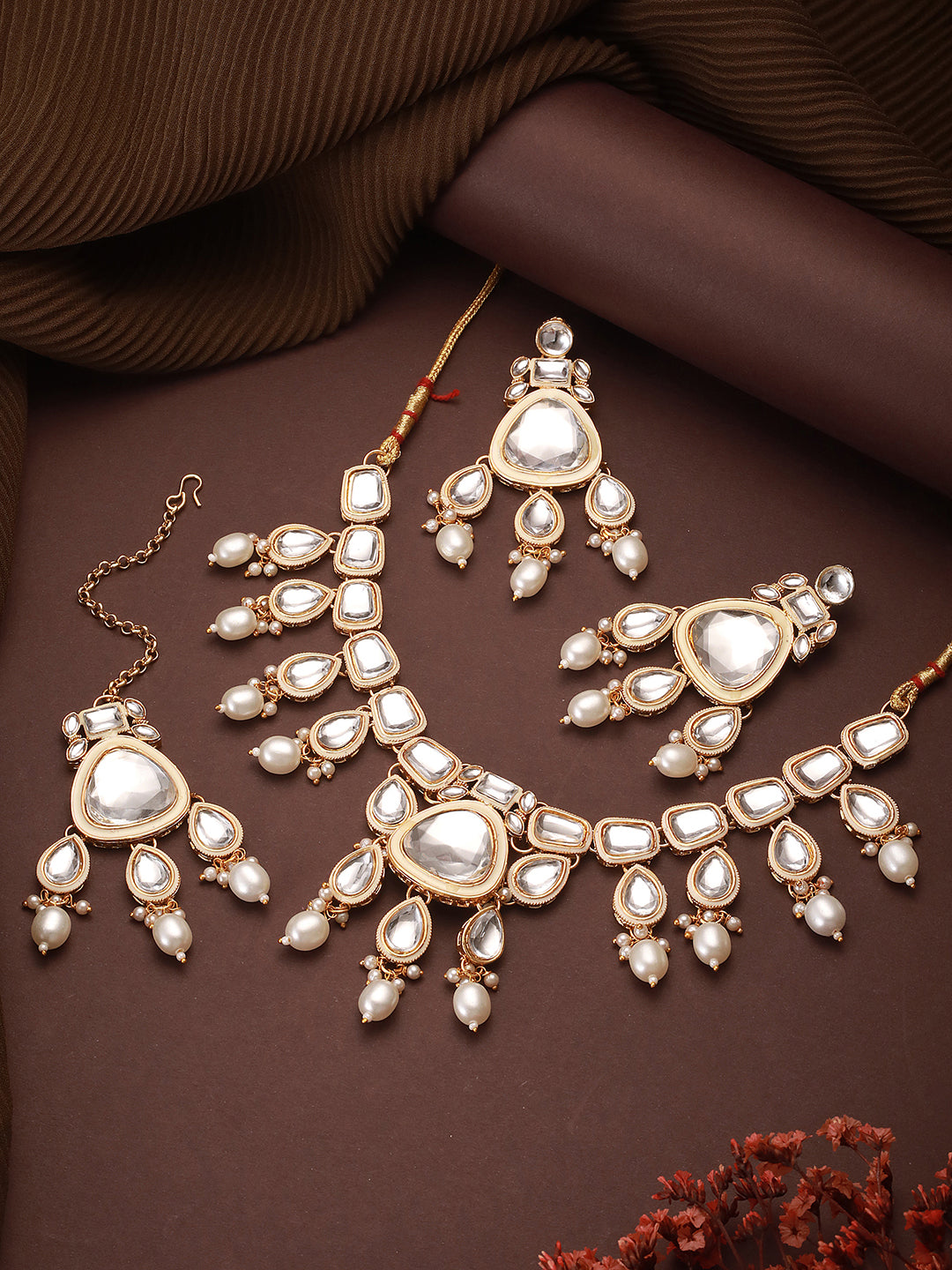 Jazz And Sizzle 22K Gold Plated  Kundan And Zircon Studded Jewellery Set With Maangtikka