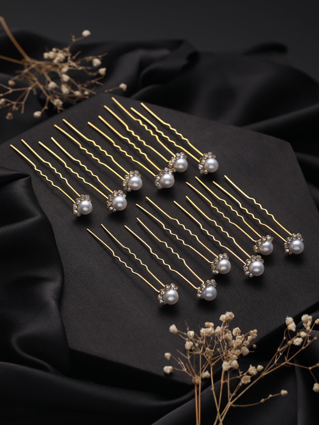 Women Set of 12 Gold Plated & White Pearl Beaded U Pins - Jazzandsizzle