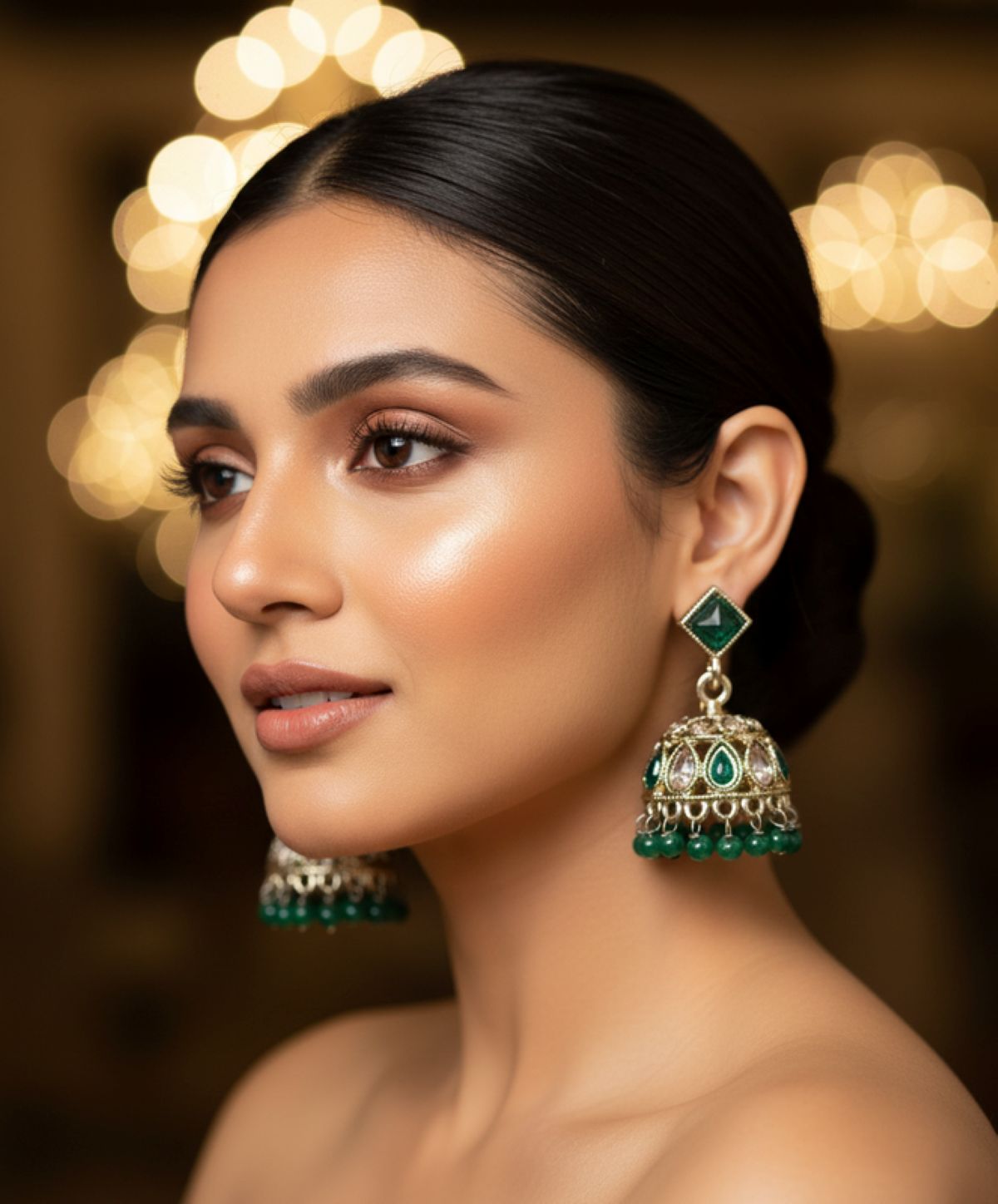 Jazz And Sizzle Gold Plated Green Kundan & Stone Studded Jhumka Earrings