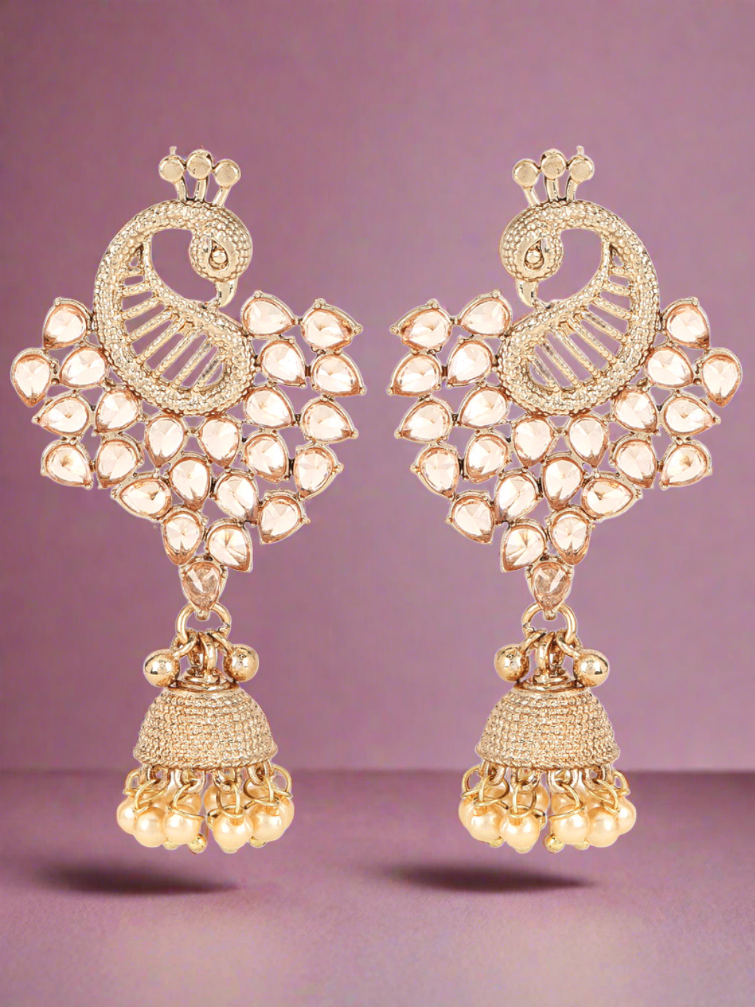 Jazz And Sizzle Gold-Plated CZ Studded Pearl Beaded Peacock Shaped Jhumka Drop Earrings - Jazzandsizzle