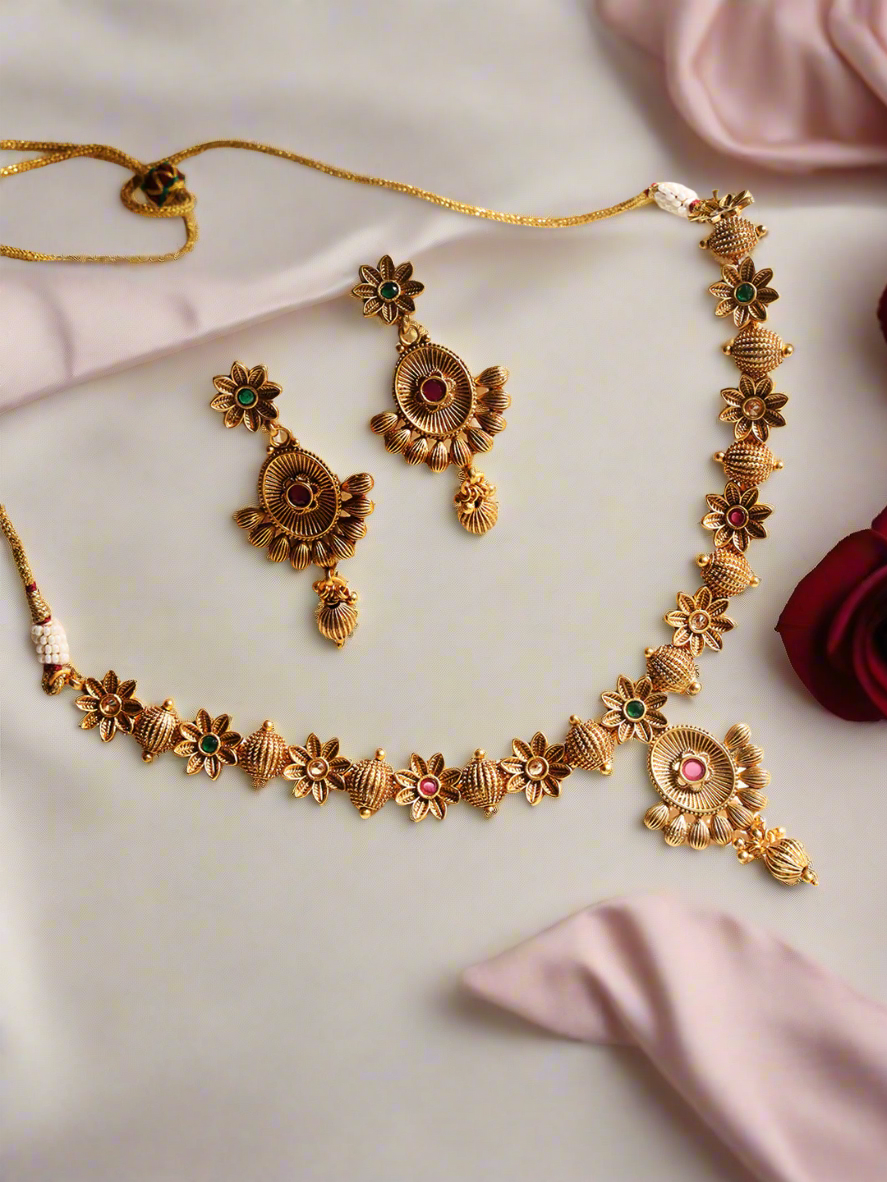 Red & Green Gold-Plated Stone-Studded Handcrafted Jewellery Set