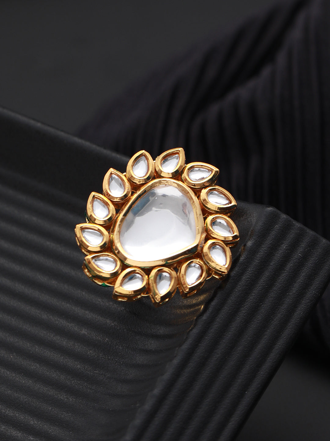 Gold-Plated White Kundan-Studded Handcrafted Adjustable Finger Ring - Jazzandsizzle