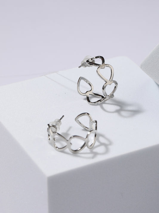 Silver-Plated Heart Shaped Half Hoop Earrings - Jazzandsizzle