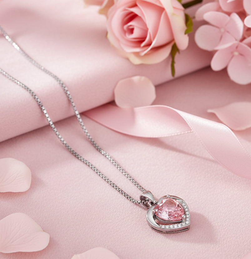 Jazz And Sizzle Pink Heart Stone Pendant with Silver Plated Chain for Gift