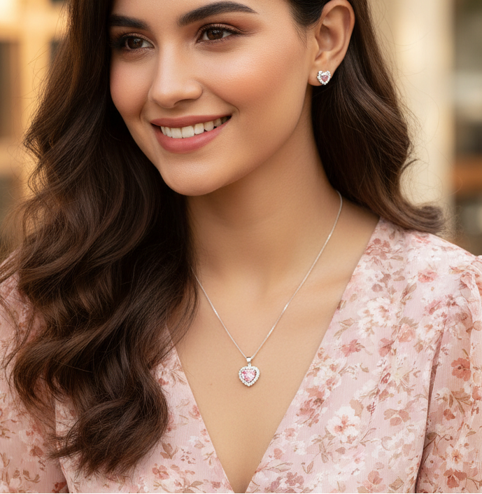 Jazz And Sizzle Pink Heart Stone Pendant with Silver Plated Chain for Gift