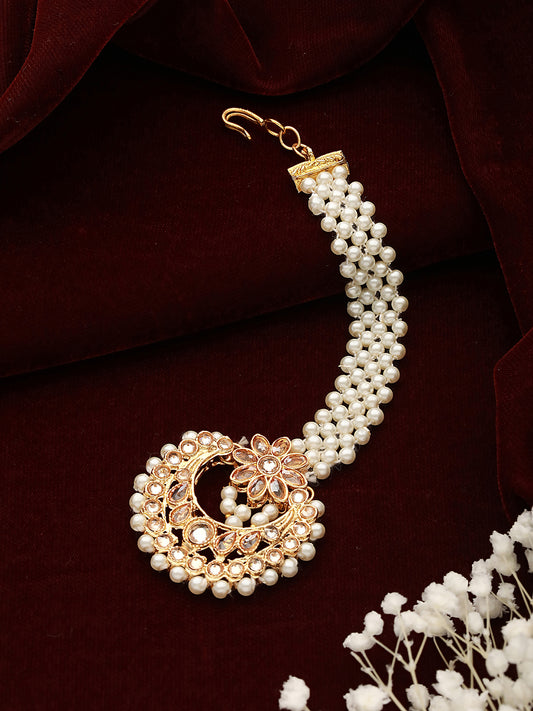 Gold-Plated Reverse AD Studded & Pearl Beaded Maang Tikka - Jazzandsizzle