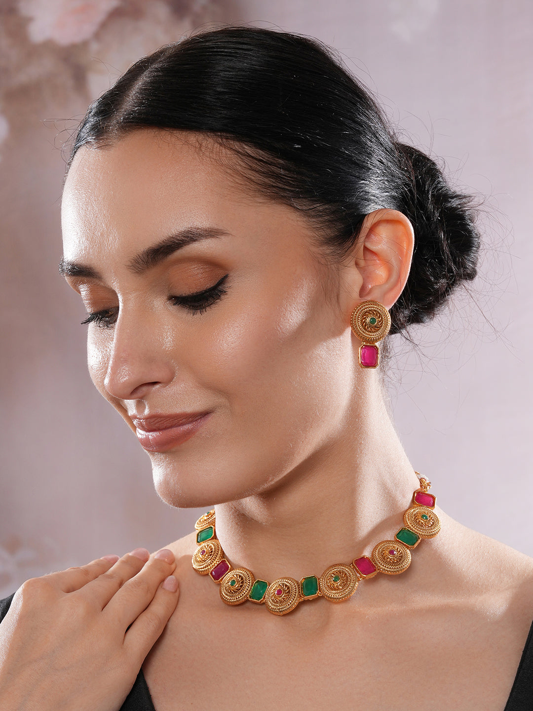 Jazz And Sizzle Gold-Plated Kundan-Studded Ruby & Green Stone Studded Necklace & Earrings Set (Copy)
