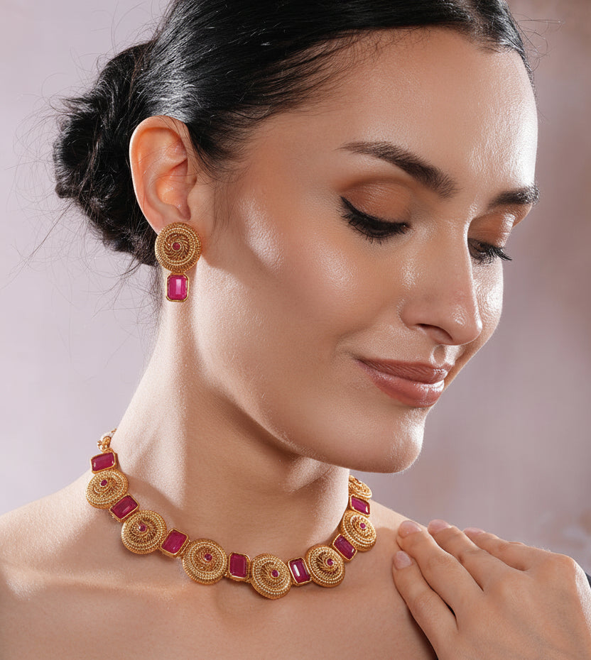 Jazz And Sizzle Gold-Plated Kundan-Studded Ruby Stone Studded Necklace & Earrings Set