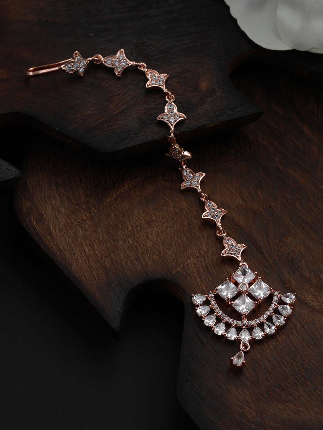 Rose Gold-Plated White D-Studded Handcrafted Maang Tikka - Jazzandsizzle