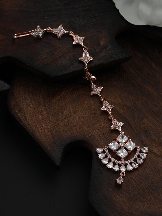 Rose Gold-Plated White D-Studded Handcrafted Maang Tikka - Jazzandsizzle