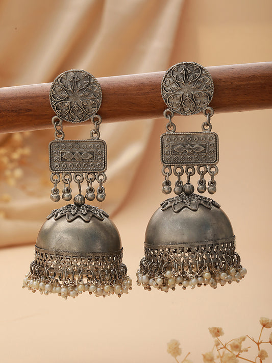 Silver-Plated Oxidised Dome Shaped Jhumkas Earrings - Jazzandsizzle