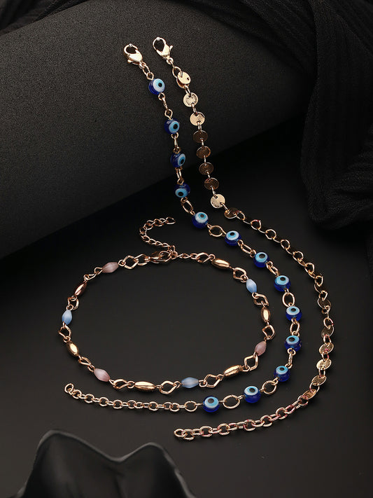 Set Of 3 Rose Gold Plated & Blue Evil Eye Link Chain Anklets - Jazzandsizzle