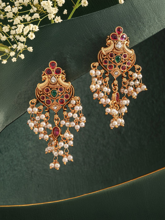 Jazz And Sizzle 22CT Gold-Plated AD Ruby Studded & Pearl Beaded Peacock Shaped Drop Earrings