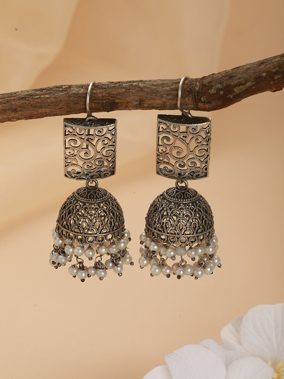 Silver-Plated & Silver Toned White Pearl Beaded Dome Shaped Jhumkas - Jazzandsizzle