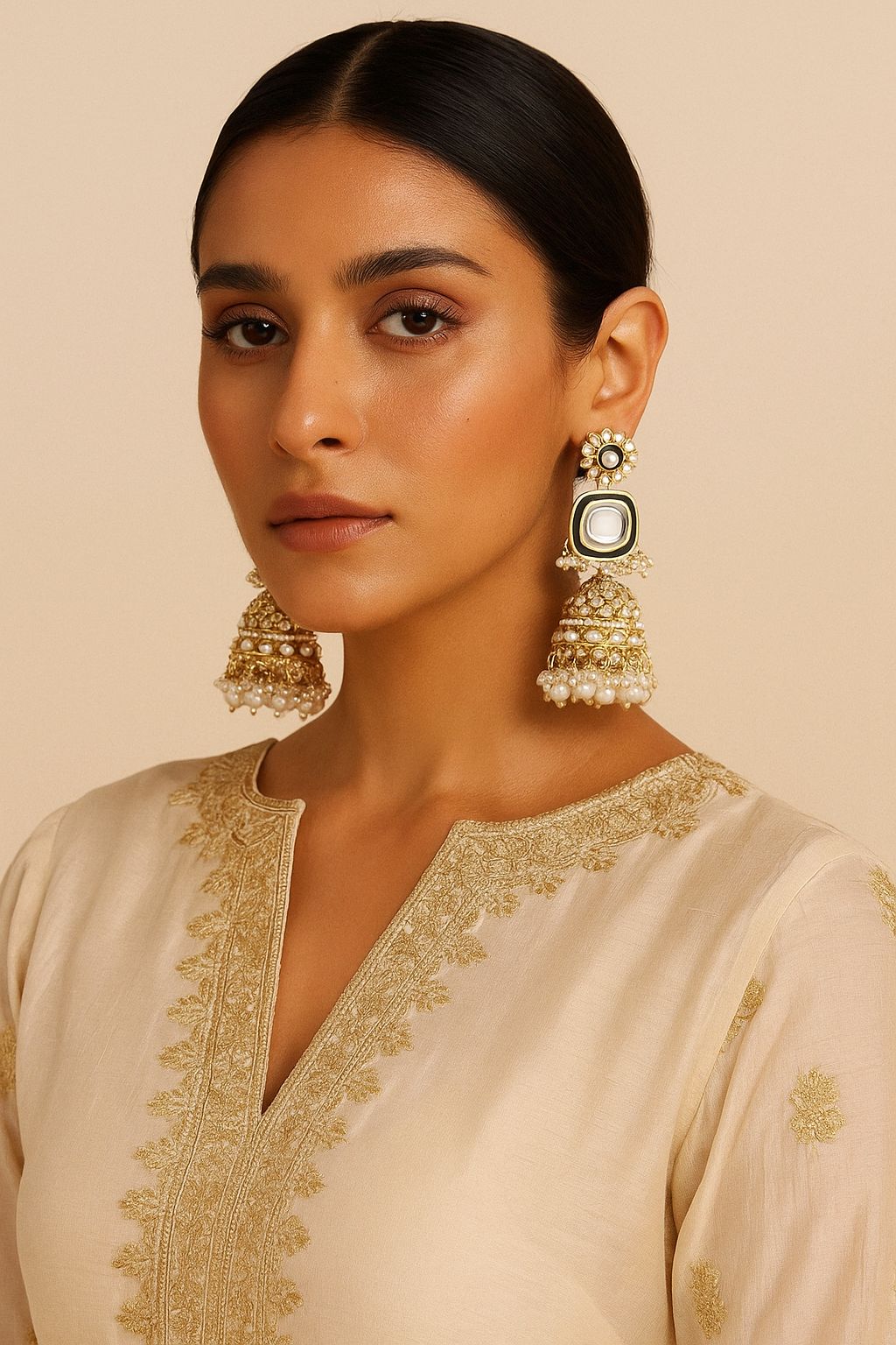 Jazz And Sizzle Gold Plated & Pearl Beaded Kundan Studded Minakari Jhumka Drop Earrings