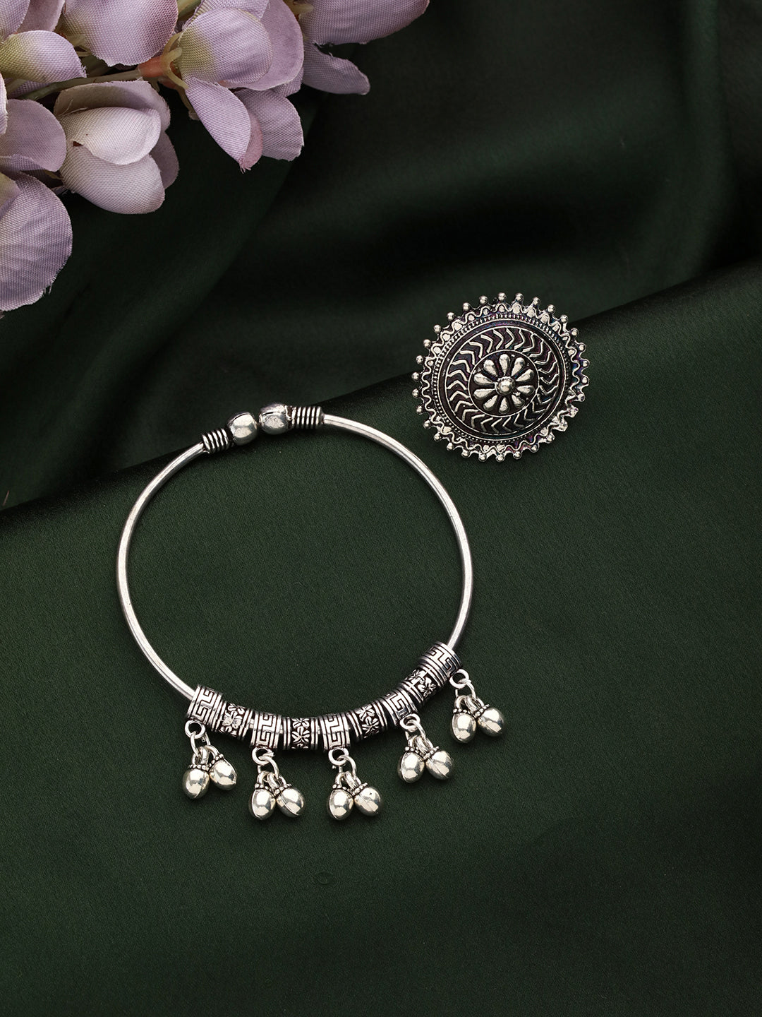 SET OF 2 Oxidised German Silver-Plated & Ghungroo Beaded Bracelet with Textured Ring