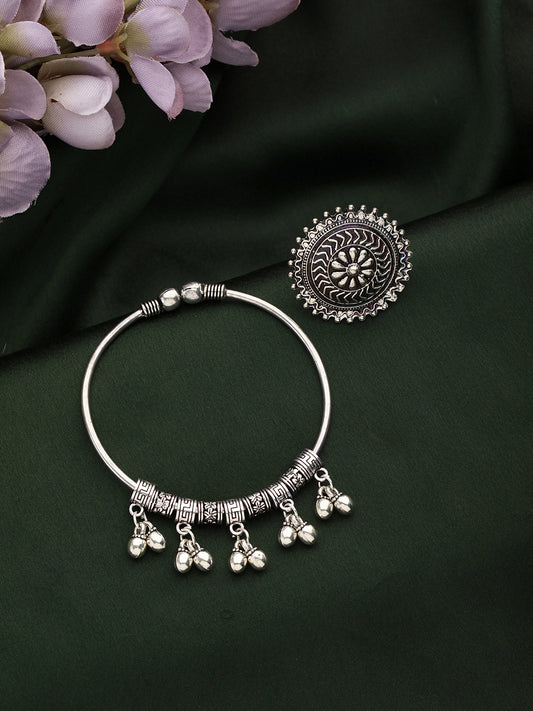 SET OF 2 Oxidised German Silver-Plated & Ghungroo Beaded Bracelet with Textured Ring - Jazzandsizzle