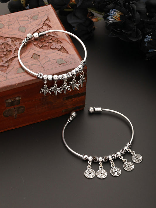 SET OF 2 Silver-Toned Silver-Plated Oxidised Tribal Circular & Star Charm Bracelet - Jazzandsizzle