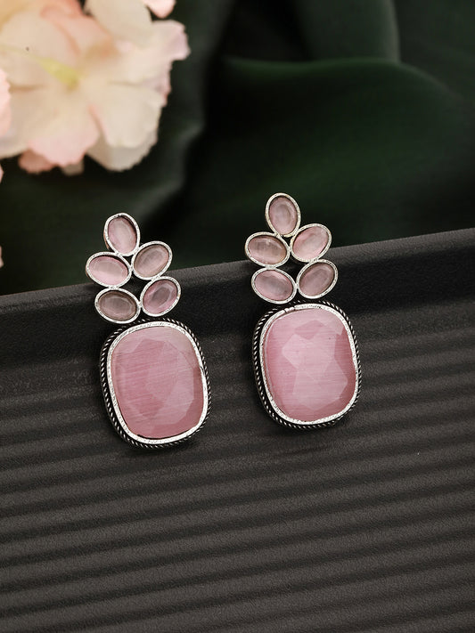 Silver-Plated Pink Contemporary Stone Studded Drop Earrings - Jazzandsizzle