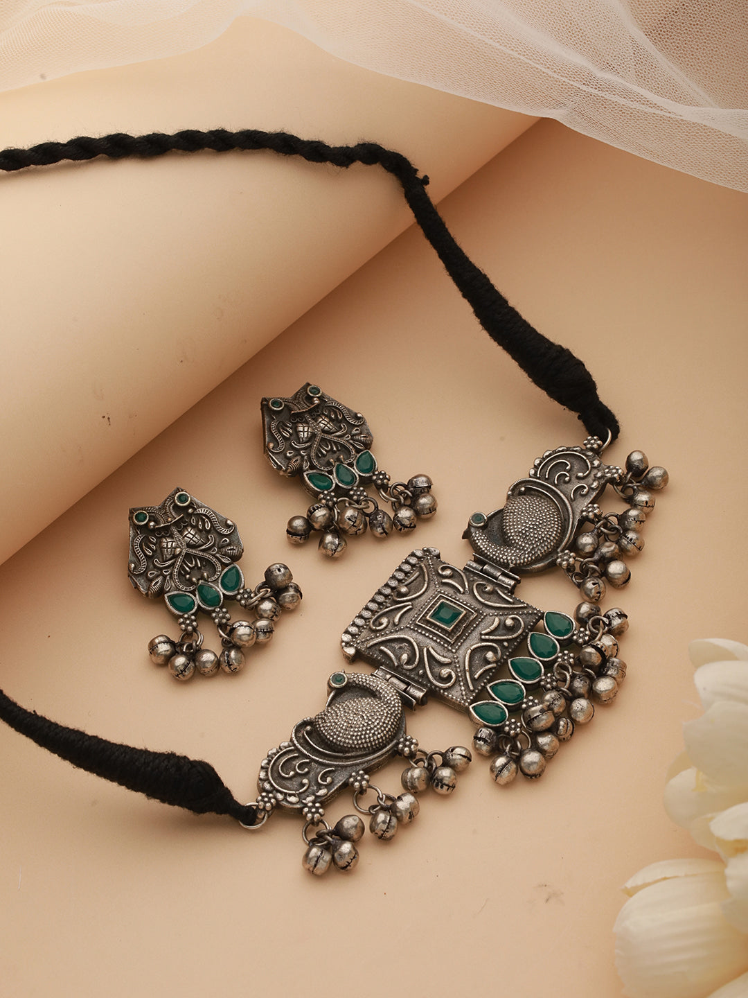 Oxidized Silver-Toned Green Stone-Studded & Beaded Peacock Shaped Jewellery Set - Jazzandsizzle