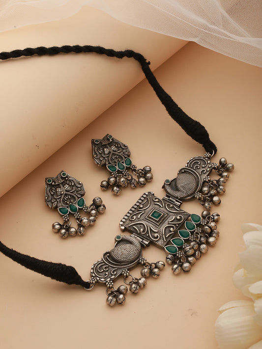 Oxidized Silver-Toned Green Stone-Studded & Beaded Peacock Shaped Jewellery Set - Jazzandsizzle