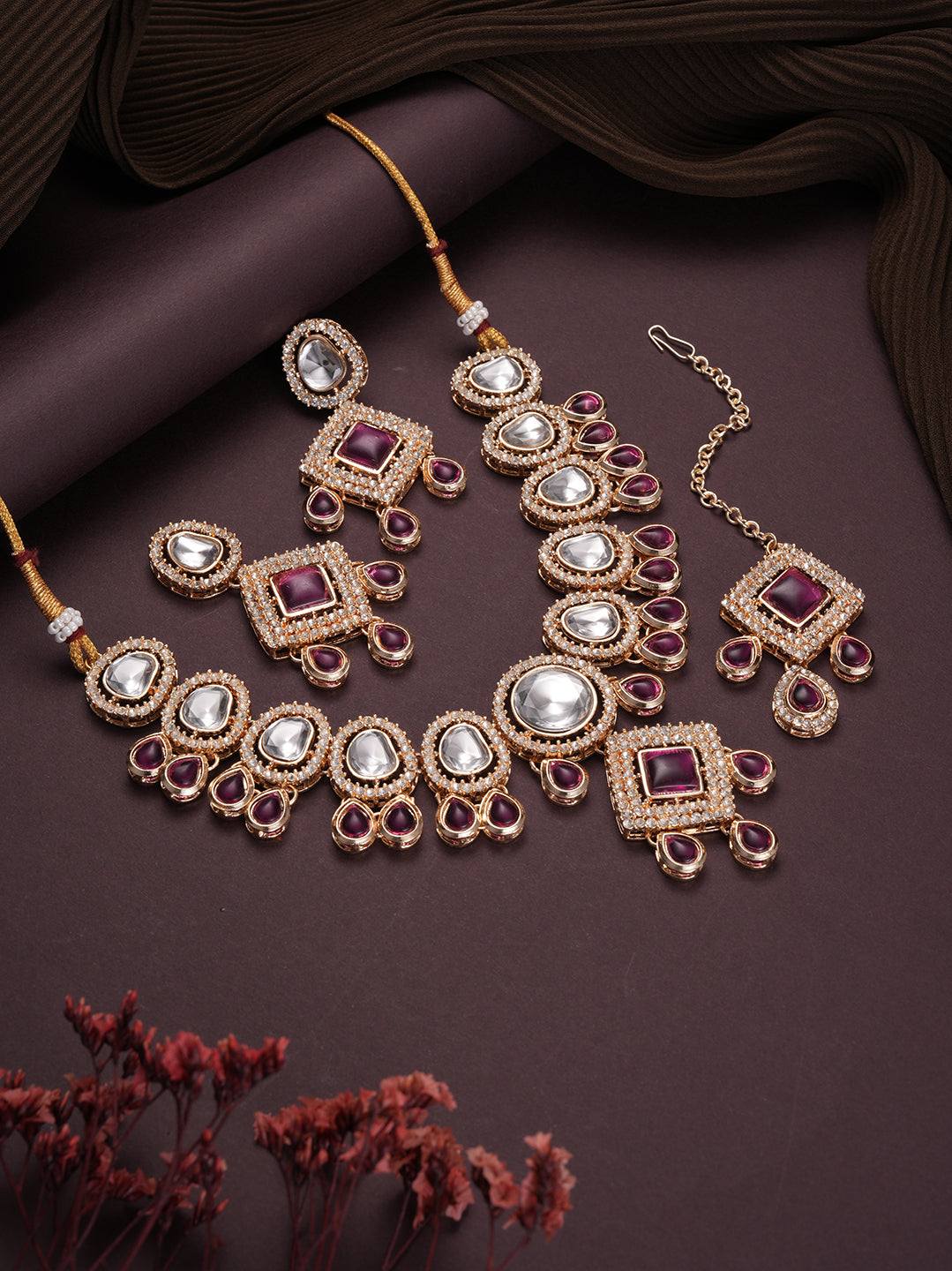 Jazz And Sizzle Gold Plated Pink Kundan Studded & Beaded Jewellery Set with Maangtikka