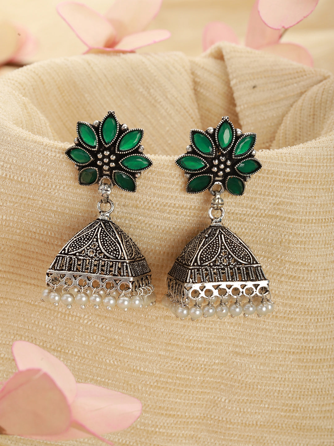 Silver-Plated Pearl Beaded & Green Stone Studded Handcrafted Dome Shaped Jhumkas