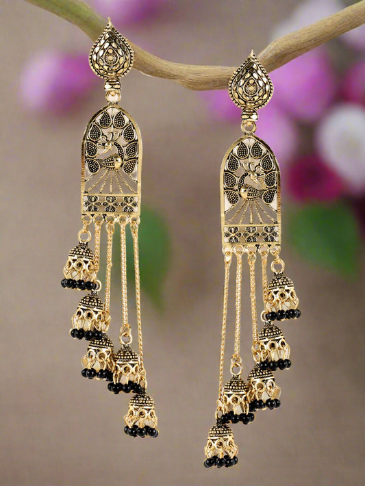 Jazz And Sizzle Designer Gold Plated Peacock Shape Enameled Traditional Everyday Drop Earrings