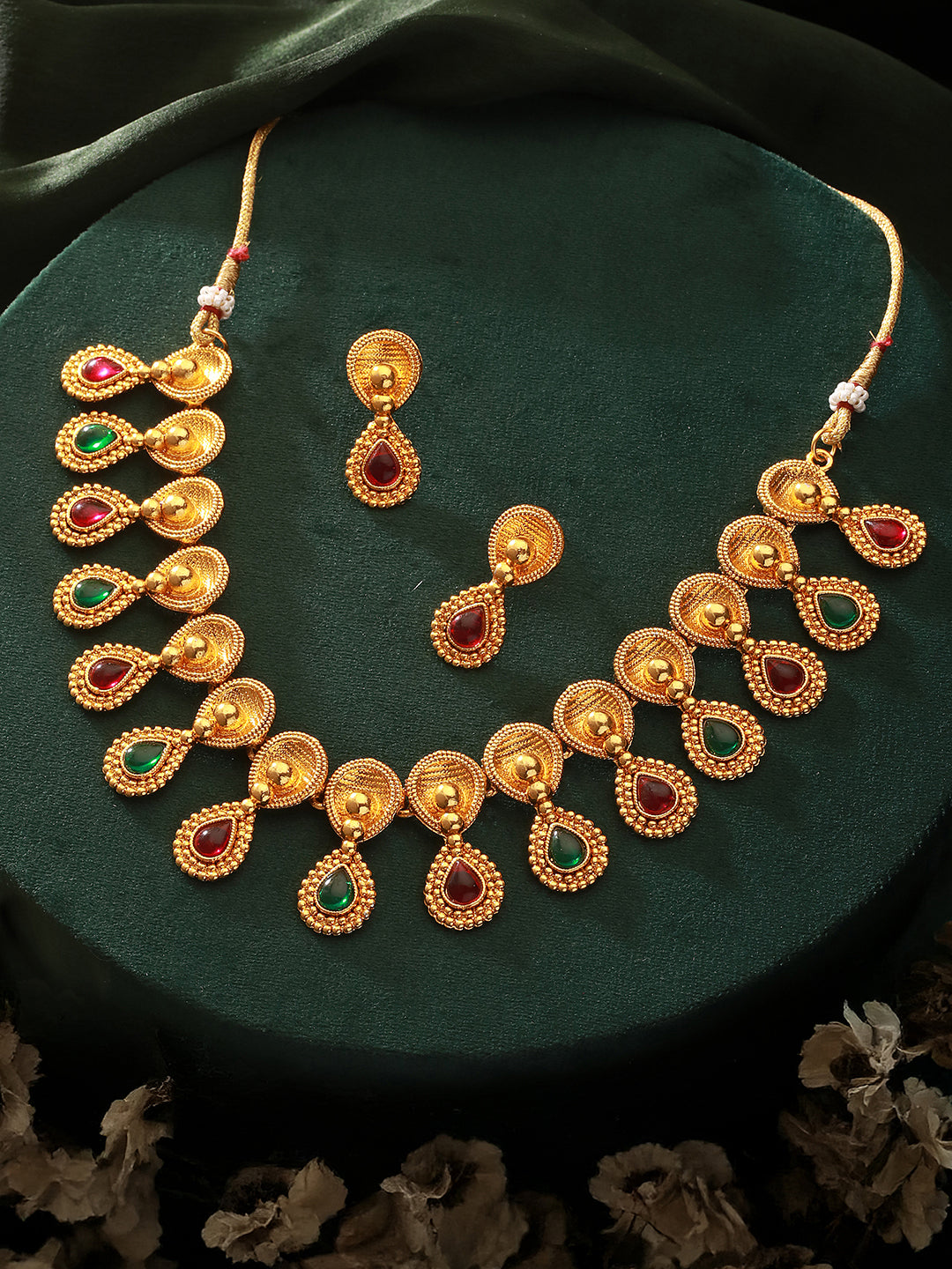 Jazz And Sizzle Gold Plated Artificial Stones Studded Antique Necklace & Earrings Set