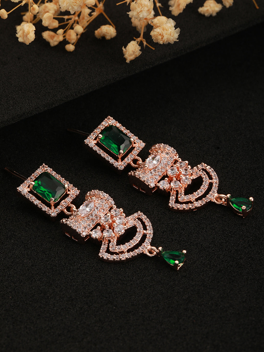 Green & Rose Gold Plated AD Studded Rectangular Drop Earrings - Jazzandsizzle